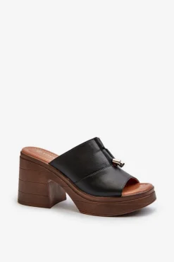 Klapki Damskie Z Eko Skóry Na Platformie I Klocku Czarne Dafira