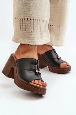 Klapki Damskie Z Eko Skóry Na Platformie I Klocku Czarne Dafira