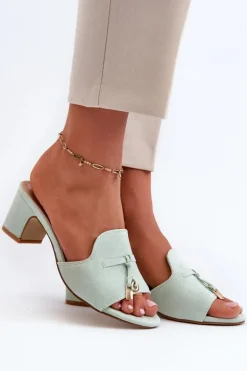 Klapki Damskie Z Eko Zamszu Na Obcasie Miętowe Jemenna