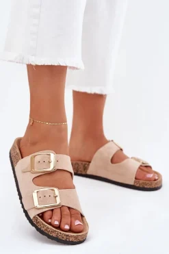 Klapki Damskie Z Eko Zamszu Złote Klamry Beżowe Vorella