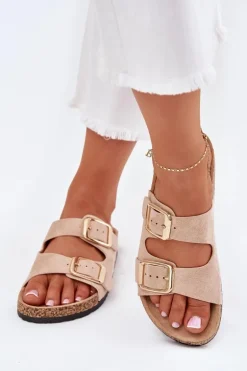 Klapki Damskie Z Eko Zamszu Złote Klamry Beżowe Vorella