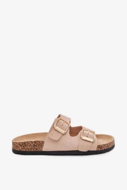 Klapki Damskie Z Eko Zamszu Złote Klamry Beżowe Vorella