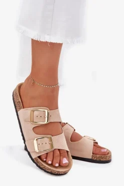 Klapki Damskie Z Eko Zamszu Złote Klamry Beżowe Vorella