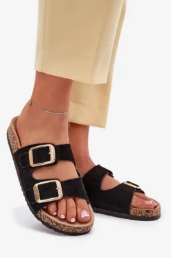 Klapki Damskie Z Eko Zamszu Złote Klamry Czarne Vorella