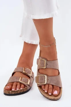 Klapki Damskie Z Eko Zamszu Złote Klamry Ciemnobeżowe Vorella