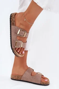 Klapki Damskie Z Eko Zamszu Złote Klamry Ciemnobeżowe Vorella