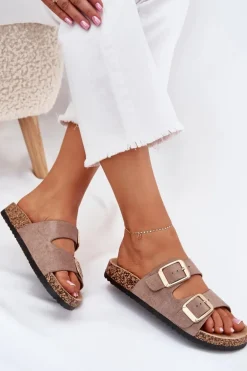 Klapki Damskie Z Eko Zamszu Złote Klamry Ciemnobeżowe Vorella