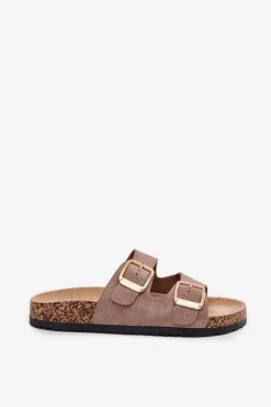 Klapki Damskie Z Eko Zamszu Złote Klamry Ciemnobeżowe Vorella