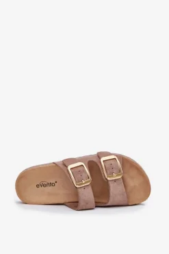 Klapki Damskie Z Eko Zamszu Złote Klamry Ciemnobeżowe Vorella