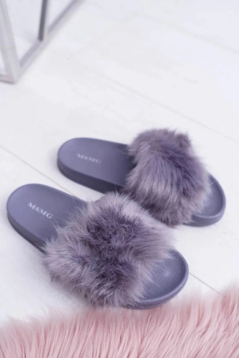 Klapki Damskie Z Futerkiem Ciemnoszare Fur