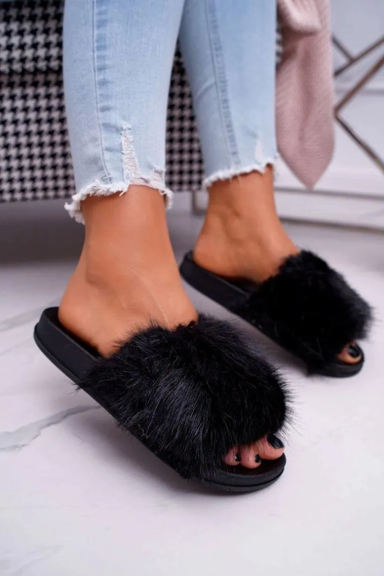 Klapki Damskie z Futerkiem Czarne NiceFur