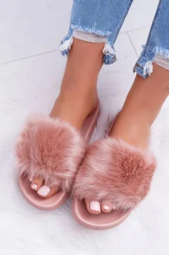 Klapki Damskie Z Futerkiem Pudrowy Róż Fur