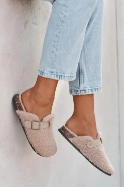 Klapki Damskie Z Futerkiem Typu Baranek Beżowe Lorivine