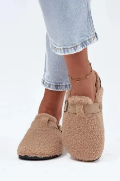 Klapki Damskie Z Futerkiem Typu Baranek Beżowe Lorivine