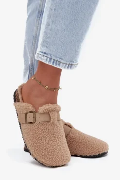 Klapki Damskie Z Futerkiem Typu Baranek Beżowe Lorivine