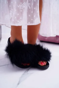 Klapki Damskie Z Futerkiem Czarne Mellow