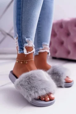 Klapki Damskie z Futerkiem Jasno Szare NiceFur