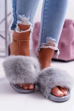 Klapki Damskie z Futerkiem Jasno Szare NiceFur