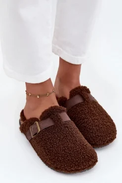 Klapki Damskie Z Futerkiem Typu Baranek Brązowe Lorivine