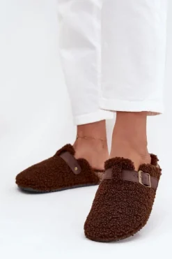 Klapki Damskie Z Futerkiem Typu Baranek Brązowe Lorivine