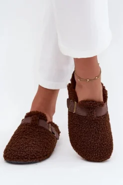 Klapki Damskie Z Futerkiem Typu Baranek Brązowe Lorivine