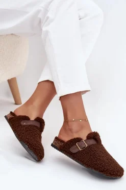 Klapki Damskie Z Futerkiem Typu Baranek Brązowe Lorivine