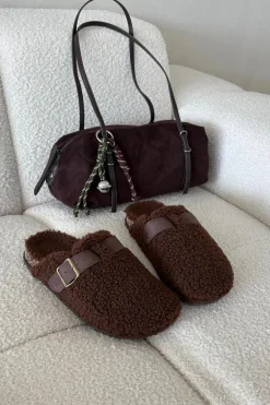 Klapki Damskie Z Futerkiem Typu Baranek Brązowe Lorivine