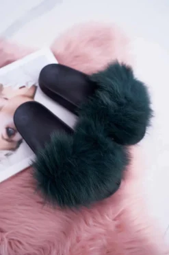 Klapki Damskie Z Futerkiem Zielone Mellow