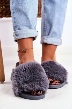 Klapki Damskie Z Futerkiem Szare Sensitive