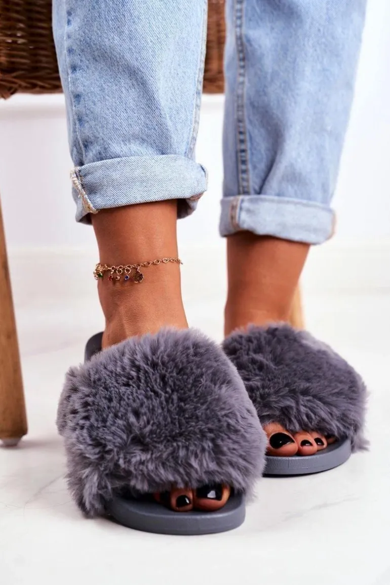 Klapki Damskie Z Futerkiem Szare Sensitive