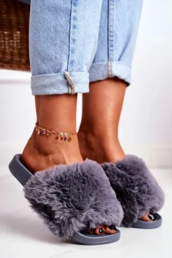 Klapki Damskie Z Futerkiem Szare Sensitive