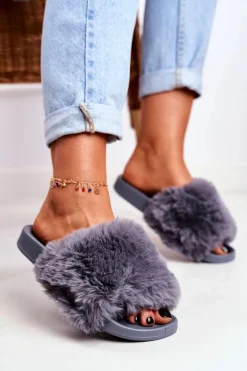 Klapki Damskie Z Futerkiem Szare Sensitive
