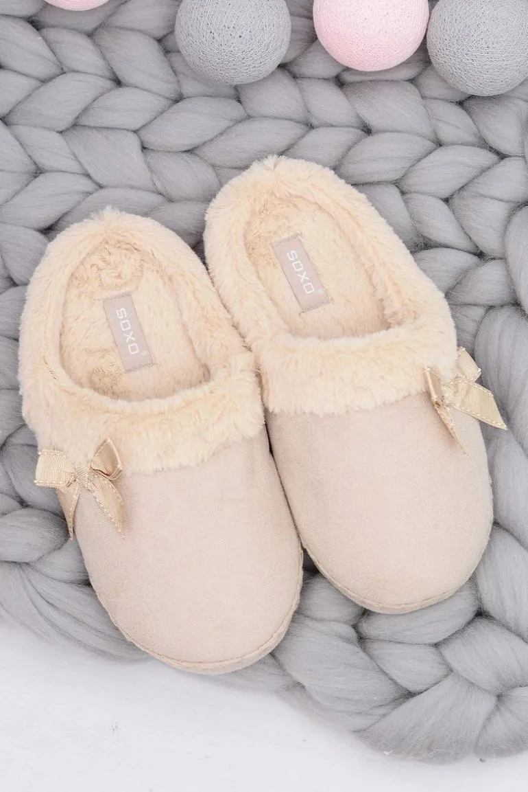 Klapki Damskie Z Futerkiem I Kokardką SOXO Beżowe