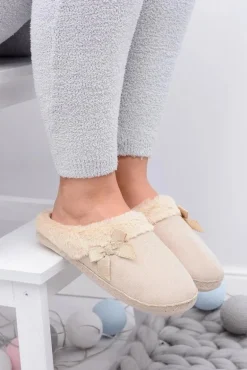Klapki Damskie Z Futerkiem I Kokardką SOXO Beżowe