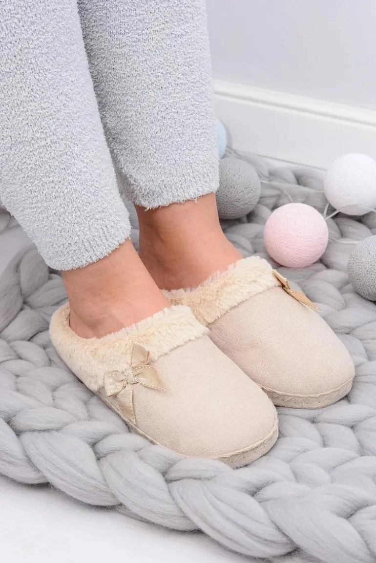Klapki Damskie Z Futerkiem I Kokardką SOXO Beżowe