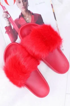 Klapki Damskie Z Futerkiem Czerwone Fur
