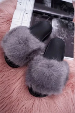 Klapki Damskie z Futerkiem Szaro Czarne NiceFur