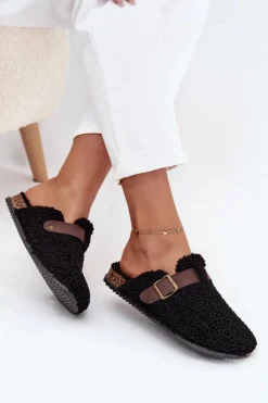 Klapki Damskie Z Futerkiem Typu Baranek Czarne Lorivine