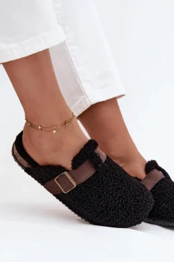 Klapki Damskie Z Futerkiem Typu Baranek Czarne Lorivine