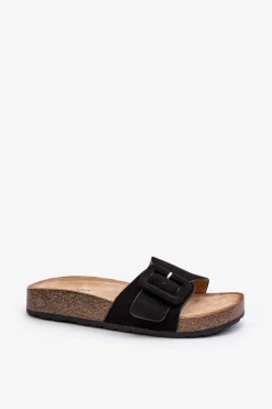 Klapki Damskie Z Klamrą Eko Zamszowe Czarne Laeltia