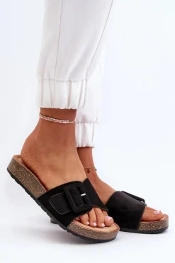 Klapki Damskie Z Klamrą Eko Zamszowe Czarne Laeltia