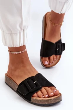 Klapki Damskie Z Klamrą Eko Zamszowe Czarne Laeltia