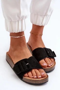 Klapki Damskie Z Klamrą Eko Zamszowe Czarne Laeltia