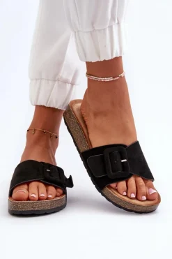 Klapki Damskie Z Klamrą Eko Zamszowe Czarne Laeltia