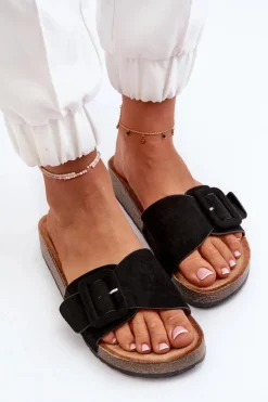 Klapki Damskie Z Klamrą Eko Zamszowe Czarne Laeltia