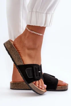 Klapki Damskie Z Klamrą Eko Zamszowe Czarne Laeltia