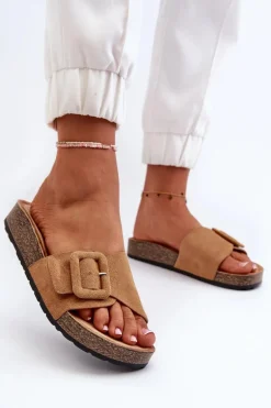 Klapki Damskie Z Klamrą Eko Zamszowe Camel Laeltia
