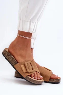 Klapki Damskie Z Klamrą Eko Zamszowe Camel Laeltia