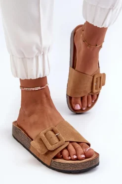 Klapki Damskie Z Klamrą Eko Zamszowe Camel Laeltia