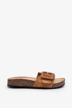 Klapki Damskie Z Klamrą Eko Zamszowe Camel Laeltia